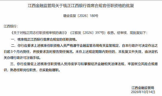 钱正获批担任江西银行首席合规官