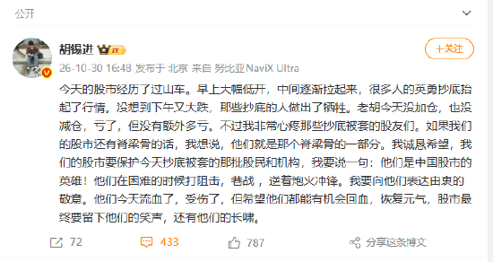 胡锡进谈今日股市:没有加仓 也没有减仓